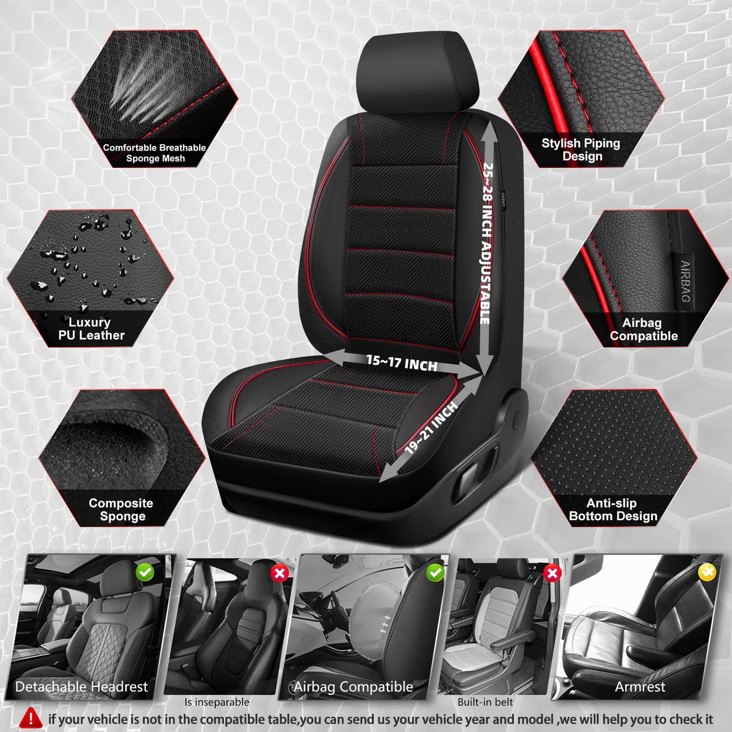 CAR PASS Universal FIT Piping Leather Car Seat Cover, for suvs,Van,Trucks,Airbag Compatible,Inside Zipper Design and Reserved Opening Holes (Full Set, Black and Red)