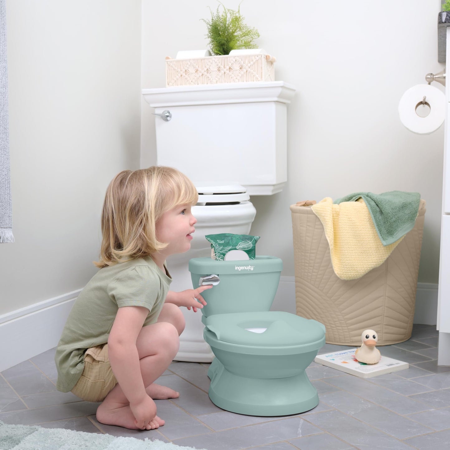 Ingenuity My Size Potty Pro 2-in-1 Potty Training Toilet, Floor Potty with Removable Potty Seat for Standard Toilets, Realistic Flushing Sound, for Toddlers Ages 18+ Months, Up to 50 lb