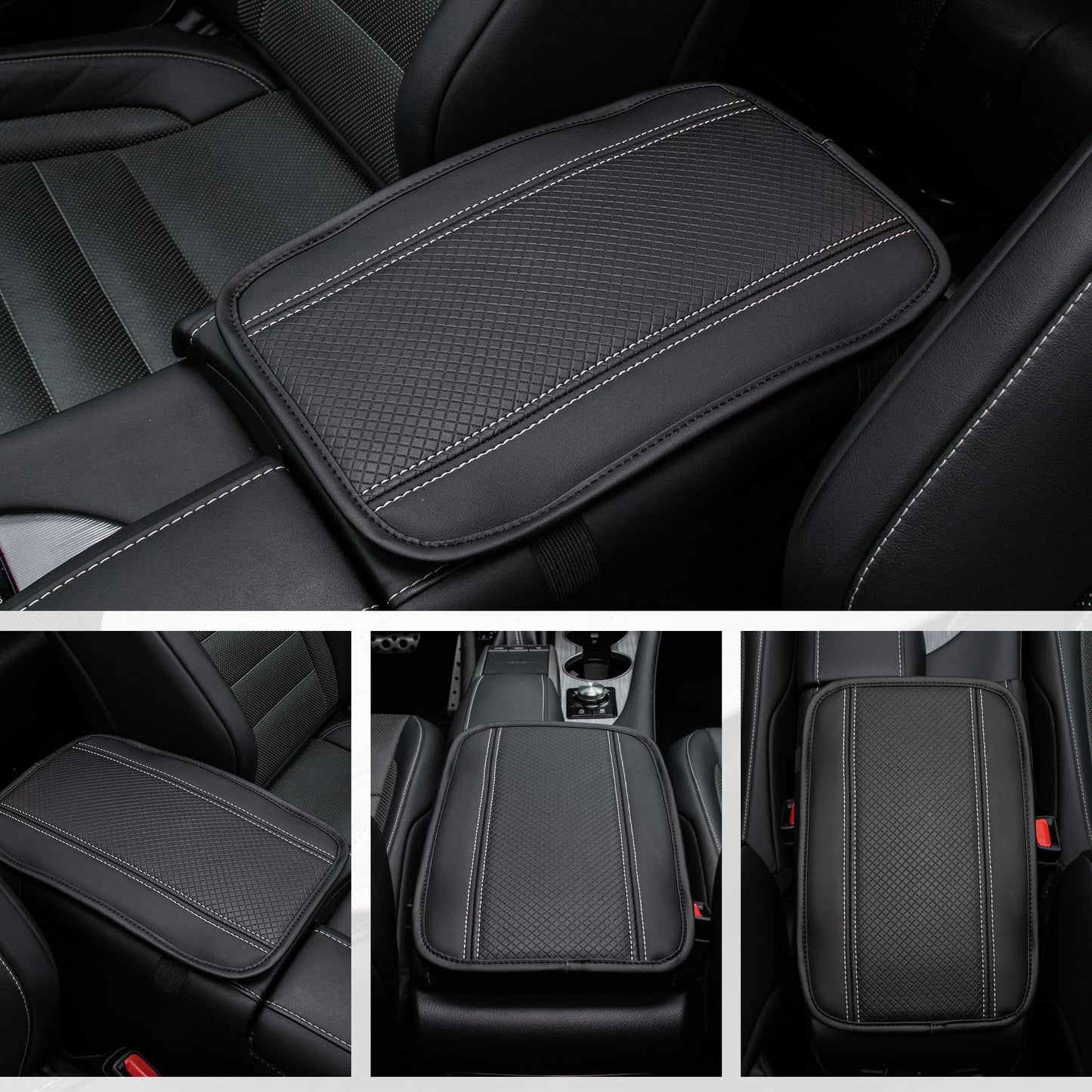 Amiss Car Center Console Cover, Upgraded Leather Car Armrest Cushion with 2 Storage Pockets, Universal Waterproof Cushion Pad, Non-Slip Car Interior Accessories, Fits Most Sedans SUVs Trucks (Black)