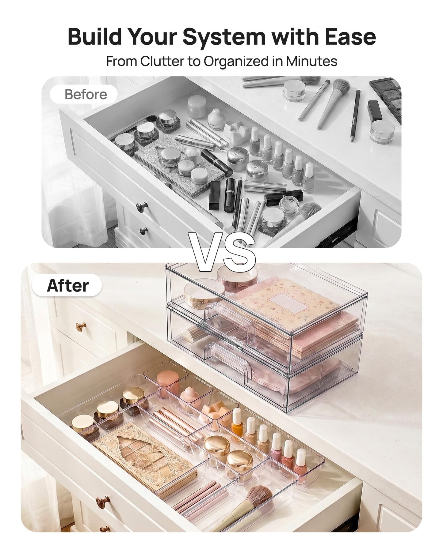 Vtopmart 2 Pack Small Clear Stackable Storage Drawers for Desk, Countertop