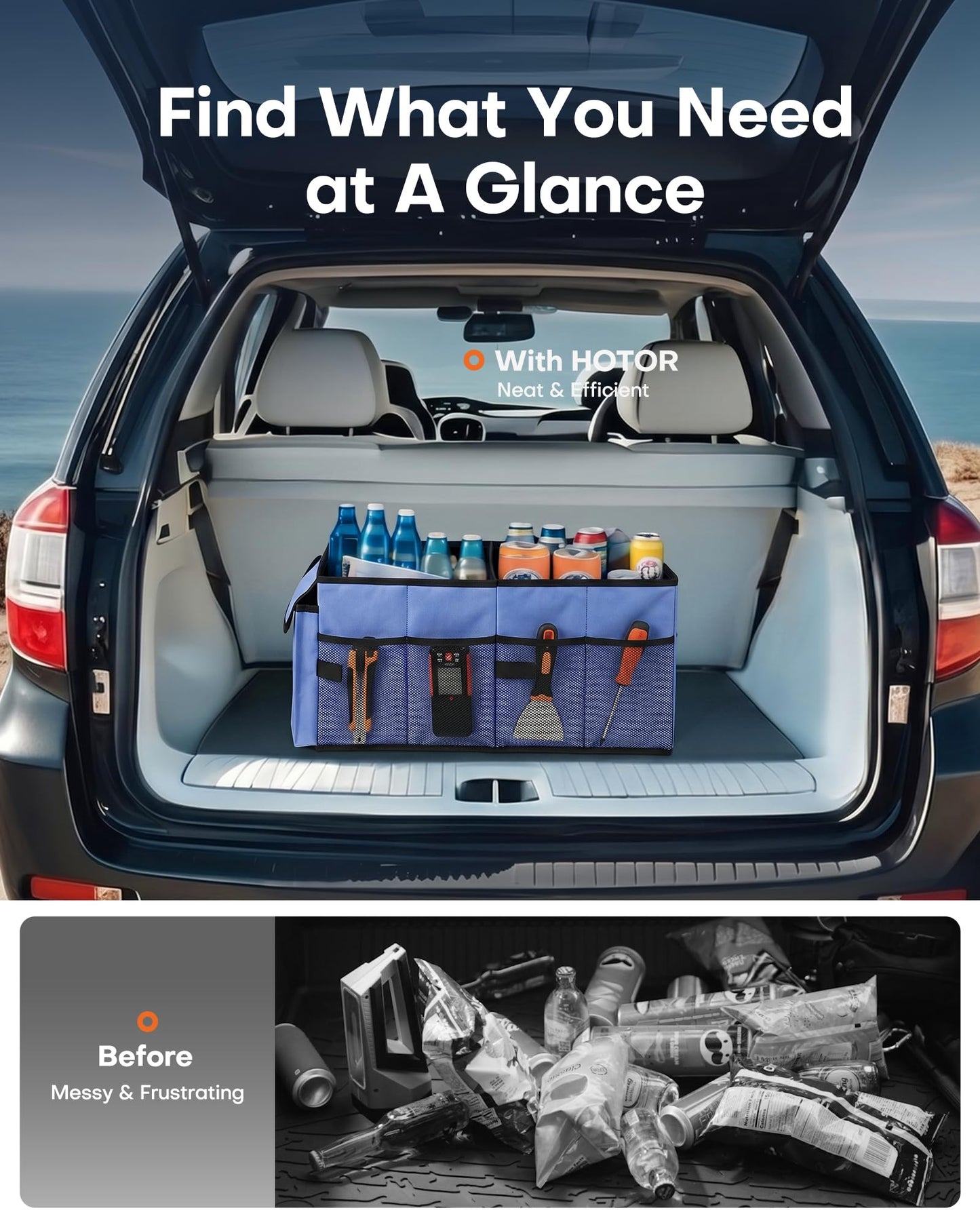 HOTOR Trunk Organizer - Foldable Car Organizer for SUVs & Sedans Storage