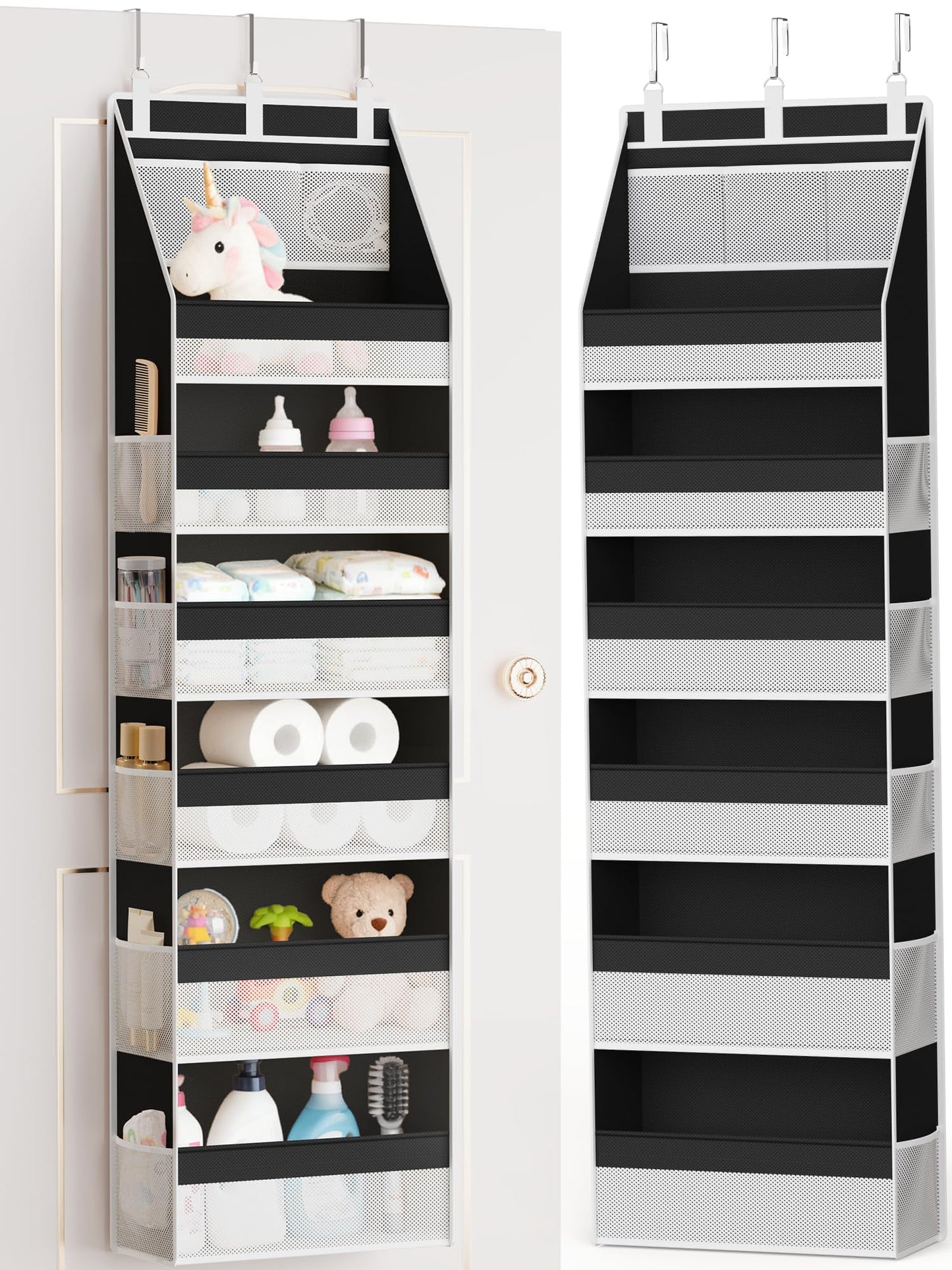Criusia Over the Door Organizer, Heavy-Duty 6-Shelf Hanging Storage with 13 Mesh Pockets, 55lbs Capacity Behind the Door Storage for Nursery, Bathroom, Bedroom, and Dorm, White