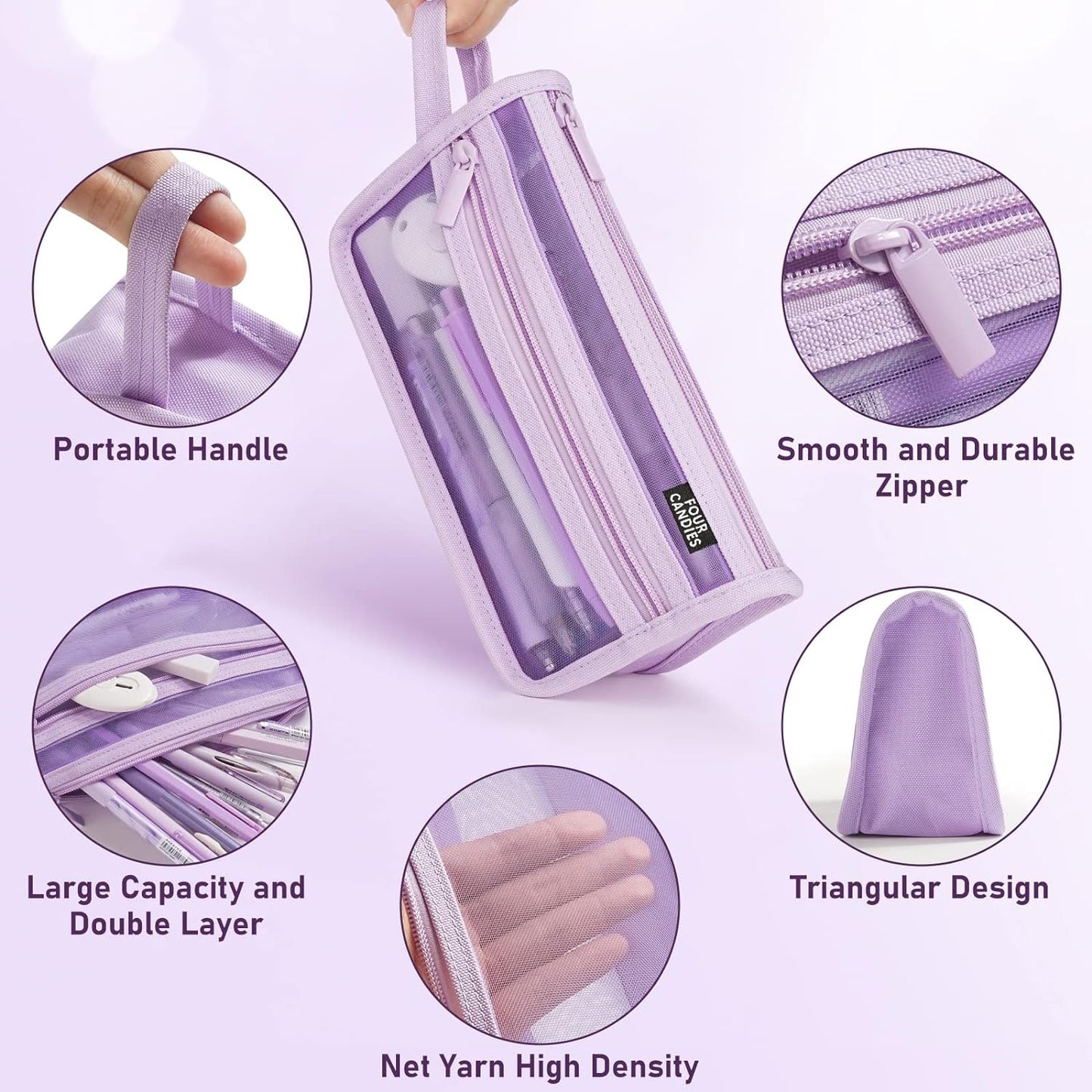 Four Candies Grid Mesh Pencil Case, Clear Double-layer with Handle (Purple)
