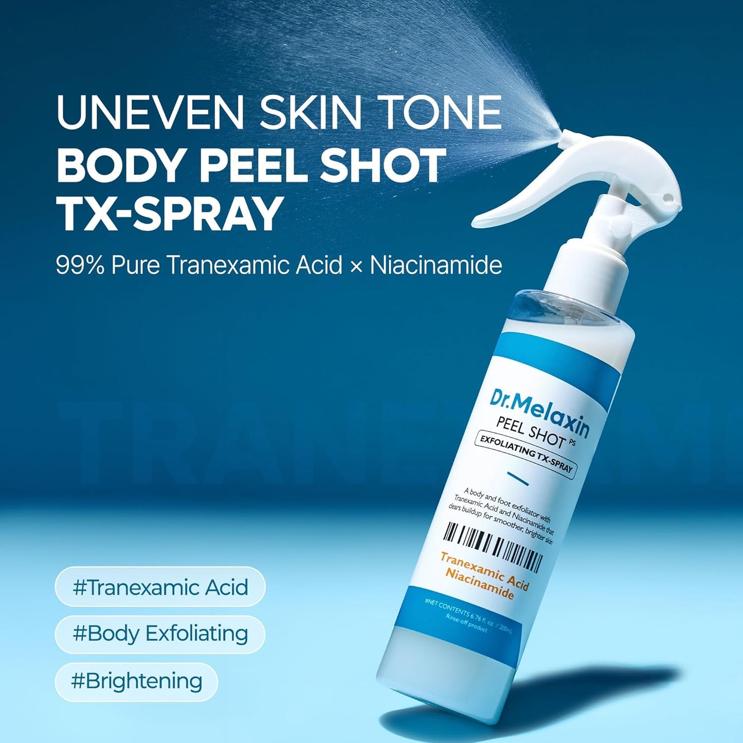 Dr.Melaxin Peel Shot Exfoliating TX-Spray 6.76 fl.oz - 99% Tranexamic Acid and Niacinamide Body Exfoliator Spray for Uneven Skin Tone, AHA PHA Body Peel for Rough Skin, K-Beauty Body Brightening