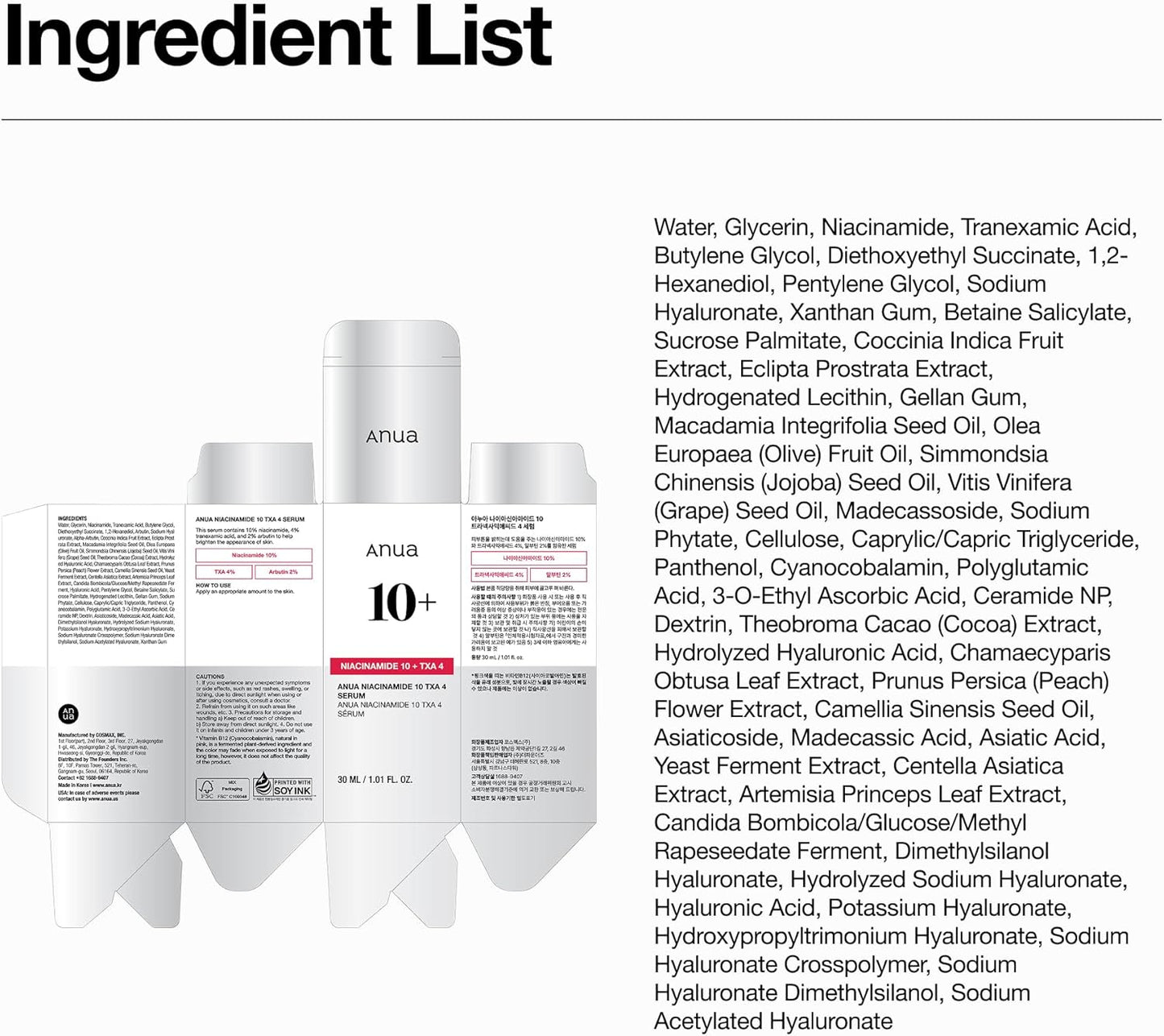 Anua Niacinamide 10 + TXA 4 Serum, Korean Skincare, 1.01 fl.oz | Dark Spot Care, Hyaluronic Acid, Tranexamic Acid, Lightweight & Hydrating All-in-One Daily Facial Serum for Glass Skin