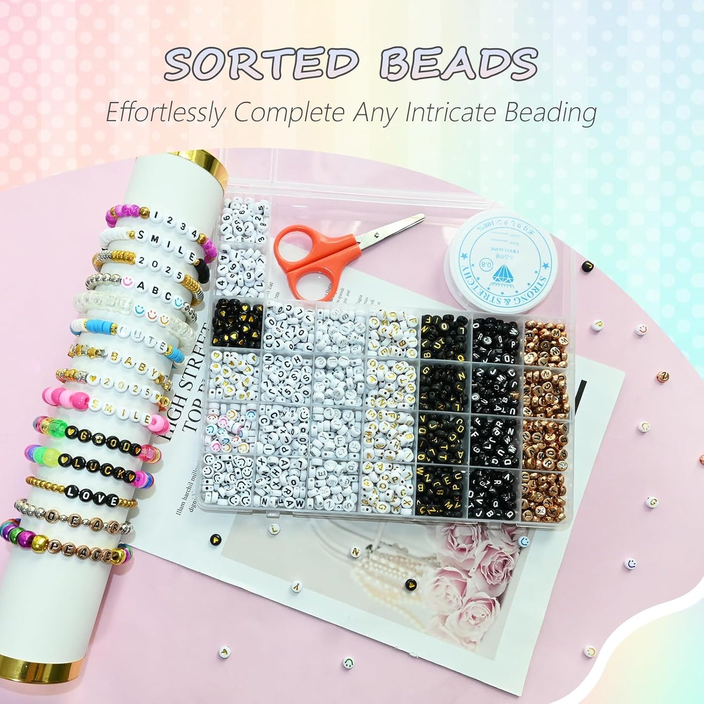 Looconi 810pcs Gold Letter Beads Square 6x6mm White Cube Acrylic Alphabet A-Z with Heart Pattern and Crystal Line for Jewelry Making