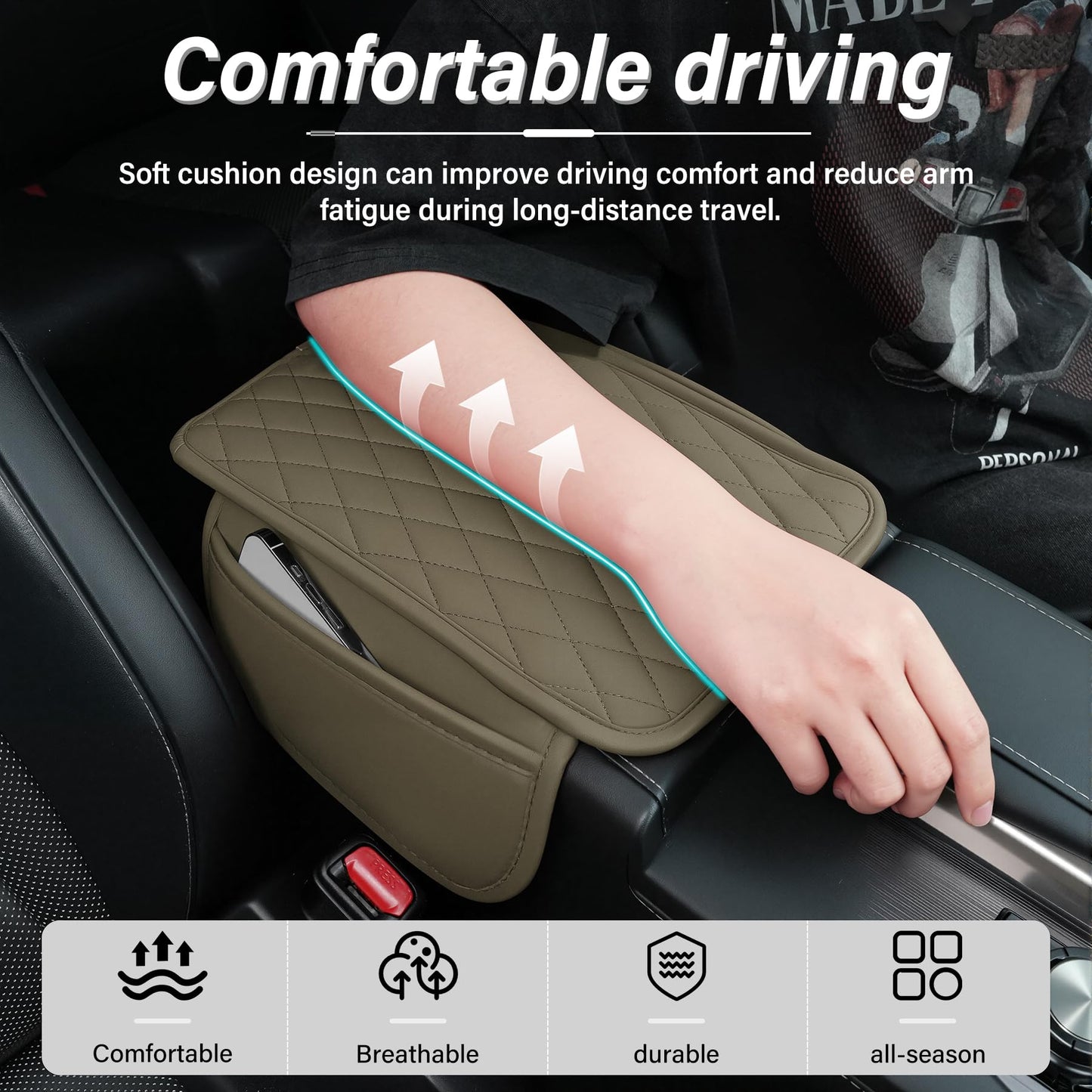 Amiss Car Center Console Cover, Upgraded Leather Car Armrest Cushion with 2 Storage Pockets, Universal Waterproof Cushion Pad, Non-Slip Car Interior Accessories, Fits Most Sedans SUVs Trucks (Black)