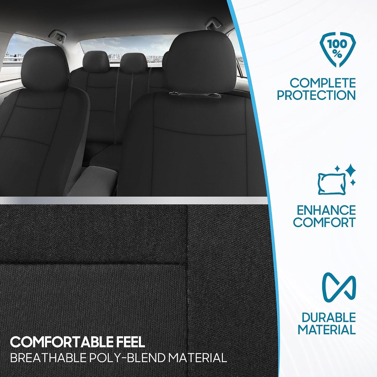 BDK PolyPro Car Seat Covers Full Set in Solid Black, Front and Rear Split Bench Seat Covers for Cars, Easy to Install Car Seats Cover Set and Accessories for Auto Trucks Van SUV - Solid Black