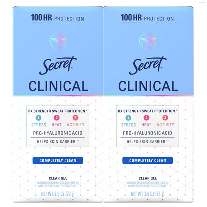 Secret Clinical Strength 100HR Sweat & Odor, Clear Gel Antiperspirant Deodorant for Women, 3X Stress Protection with Hyaluronic Acid, PH Balancing Minerals, Clear Lavender Scent, 2.6 oz
