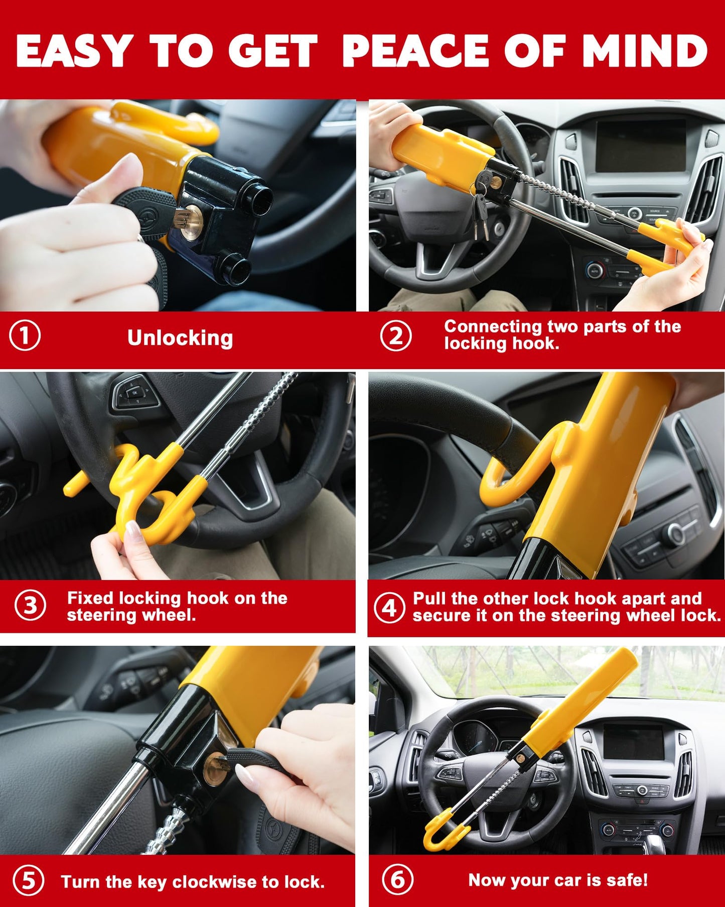 Tevlaphee Steering Wheel Lock Anti-Theft Car Device Heavy Duty Security Car Lock Antitheft Locking Devices Great Deterrent Adjustable Car Wheel Lock Anti Theft for Vehicle Truck with 3 Keys(Black)