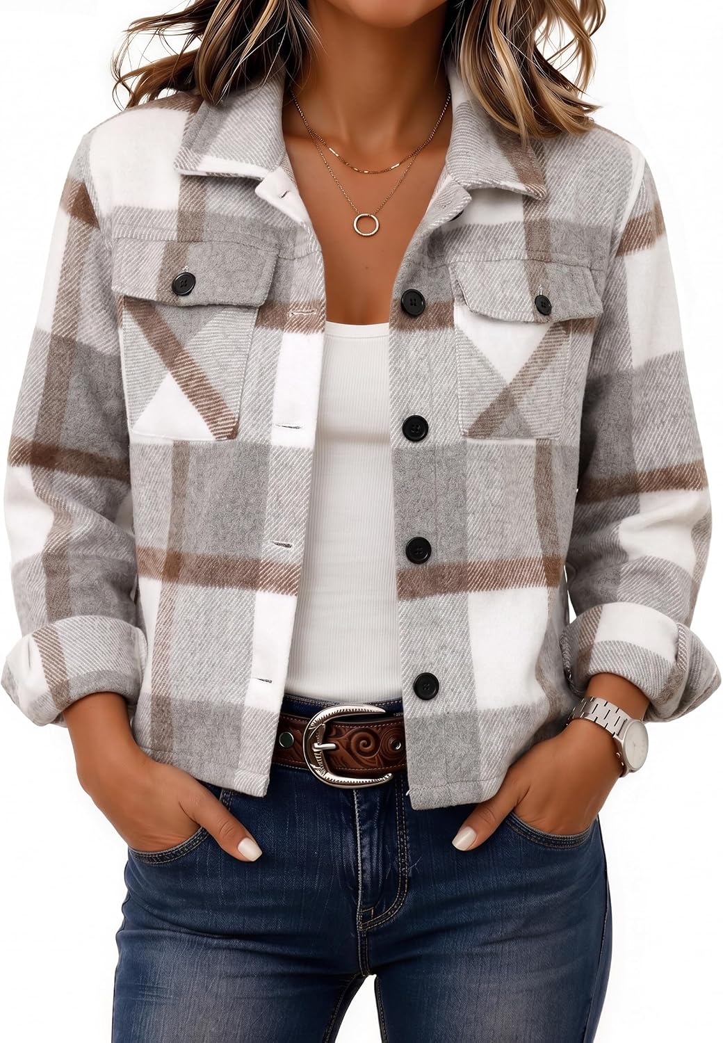 Zeagoo Flannels for Women Cropped Shacket Jacket Fashion Plaid Fall Coat