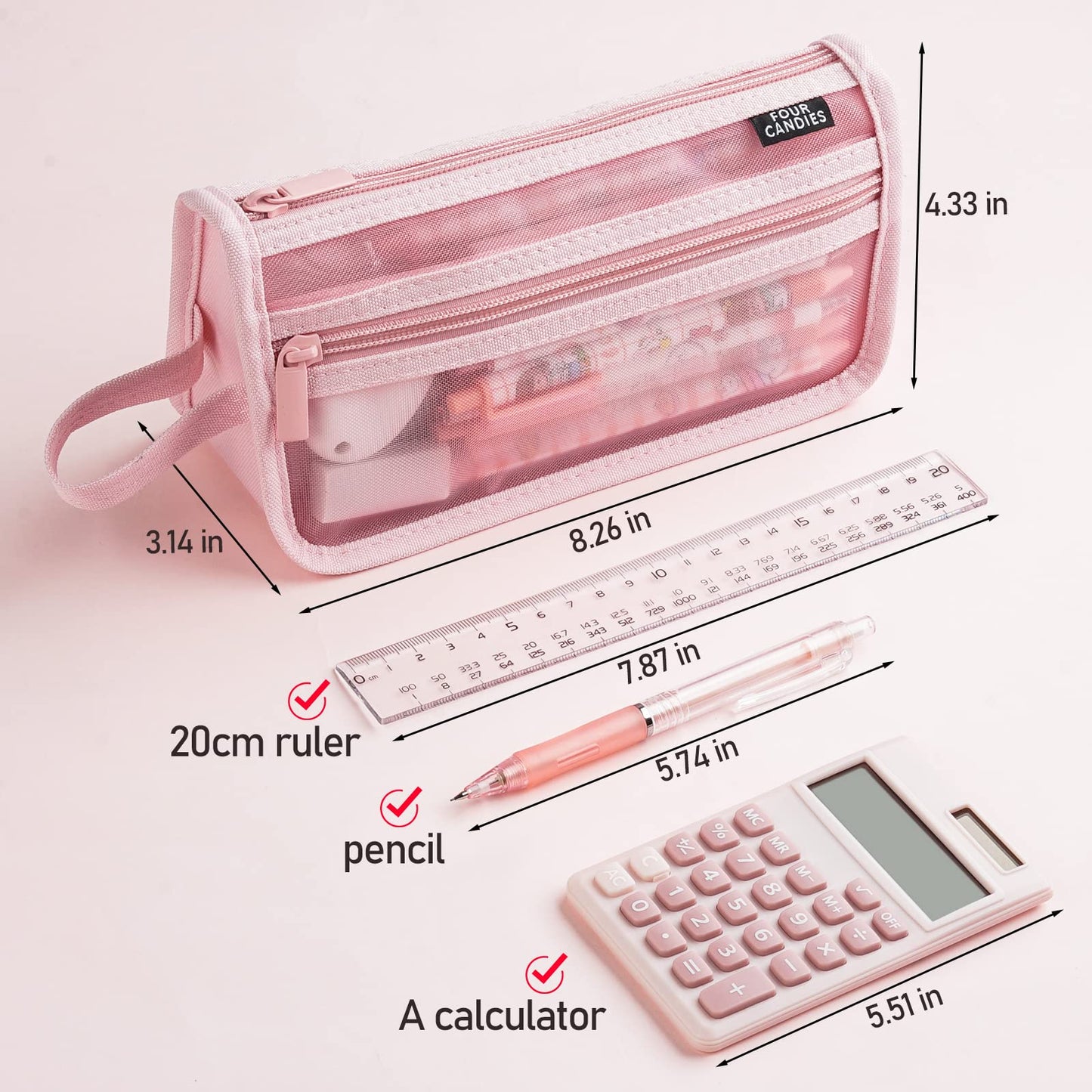Four Candies Grid Mesh Pencil Case, Clear Double-layer with Handle (Purple)