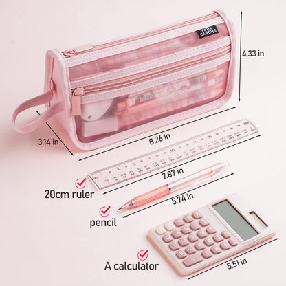 Four Candies Grid Mesh Pencil Case, Clear Double-layer with Handle (Purple)