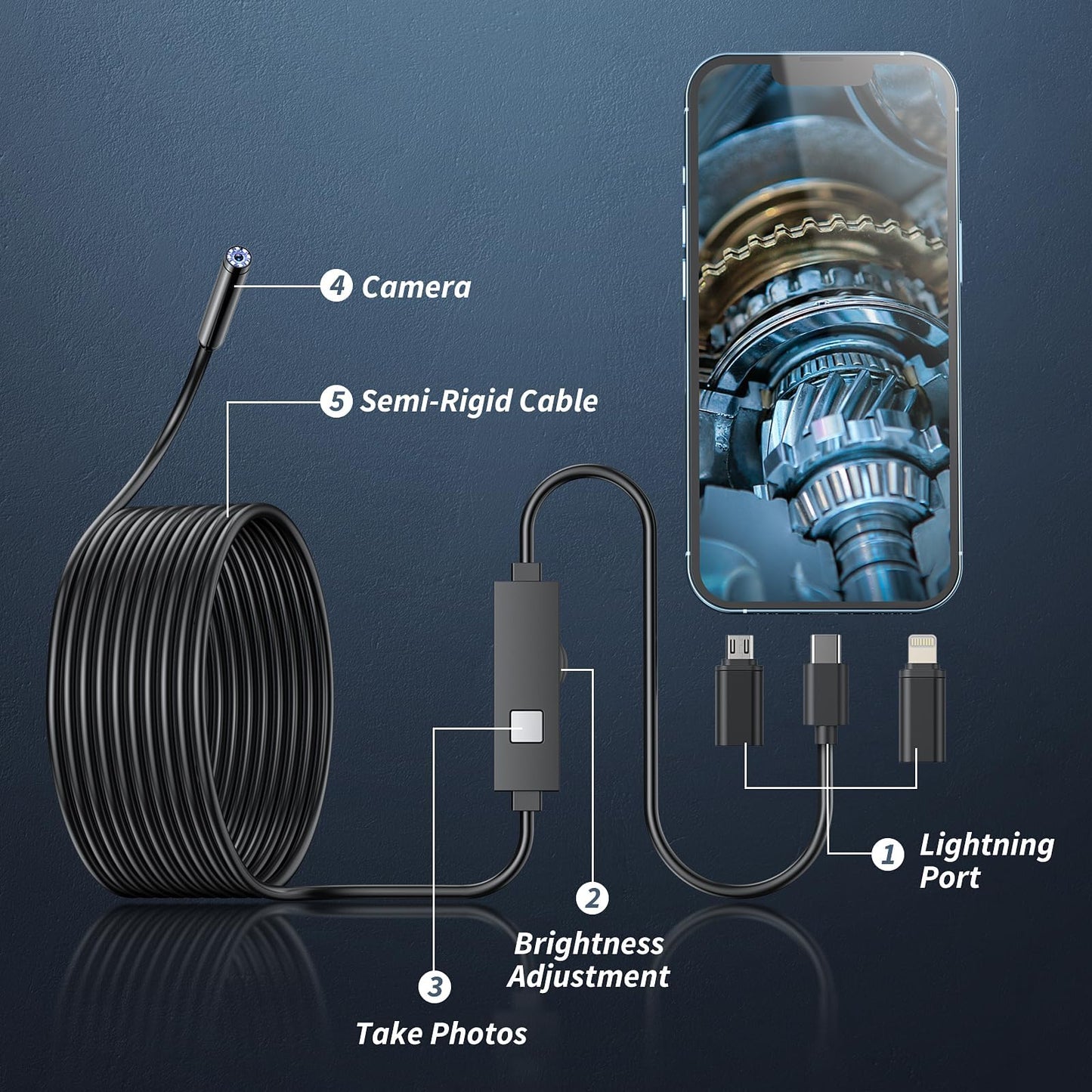 Kinpthy Endoscope Camera with Light,1920P HD Borescope Tools with 8 Adjustable LED Lights, Endoscope with Semi-Rigid Snake Camera, Inspection Borescope for iOS and Android-16.4ft Single Lens