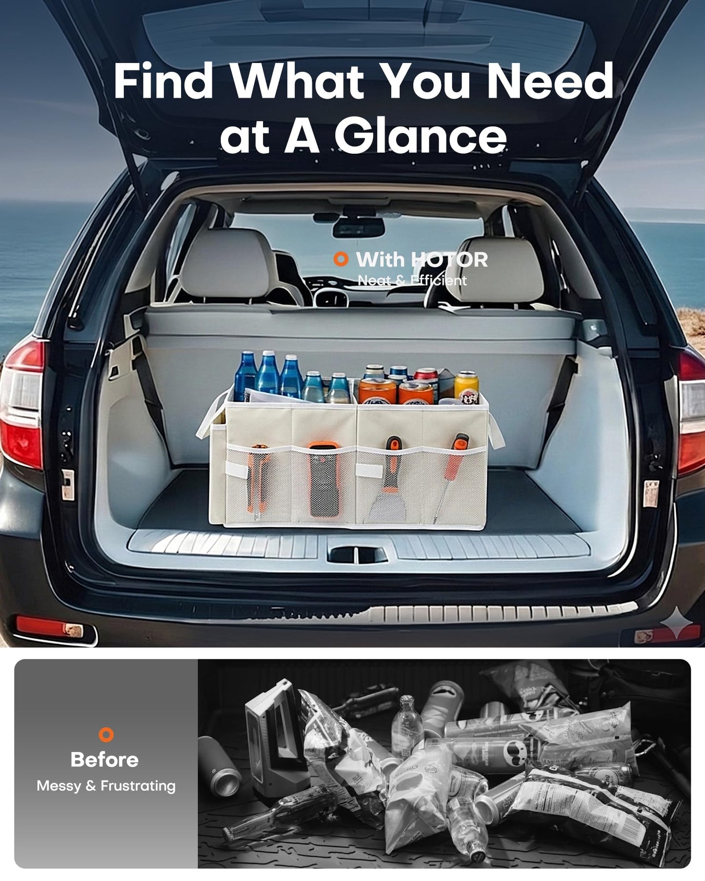 HOTOR Trunk Organizer - Foldable Car Organizer for SUVs & Sedans Storage
