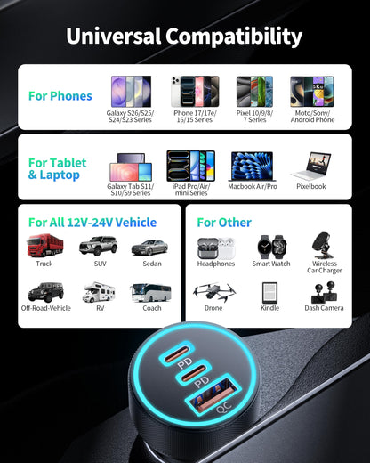 67W 3-Port Super Fast Type C Car Charger USB C for Samsung S26 S25 S24 S23