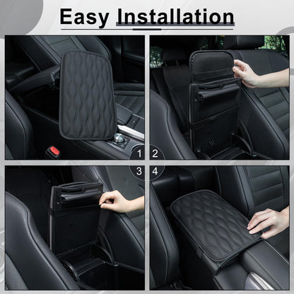 Amiss Car Center Console Cover, Upgraded Leather Car Armrest Cushion with 2 Storage Pockets, Universal Waterproof Cushion Pad, Non-Slip Car Interior Accessories, Fits Most Sedans SUVs Trucks (Black)