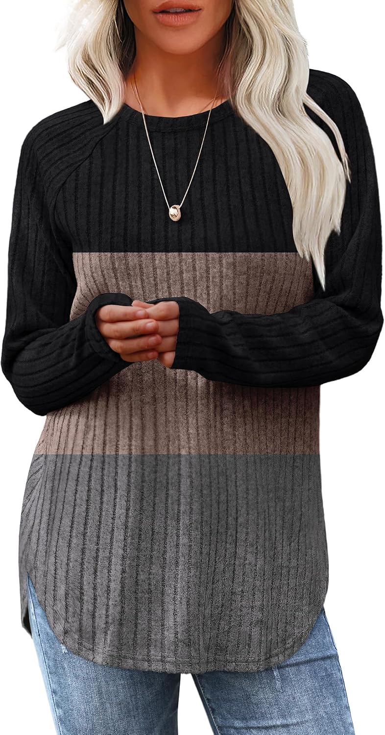Saloogoe Long Sleeve Shirts for Women 2026 Fall Clothes Tunic Tops Loose Fit Dressy Crewneck Pullover Sweaters Curved Hem