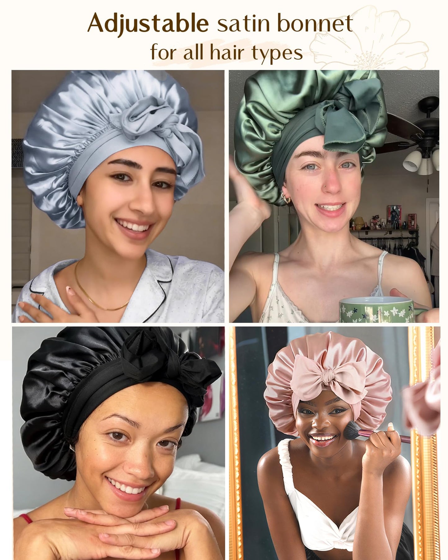 YANIBEST Adjustable Silk Bonnet for Sleeping Women Double Layer Satin Bonnet Reduce Friction Prevent Frizz Curly Hair