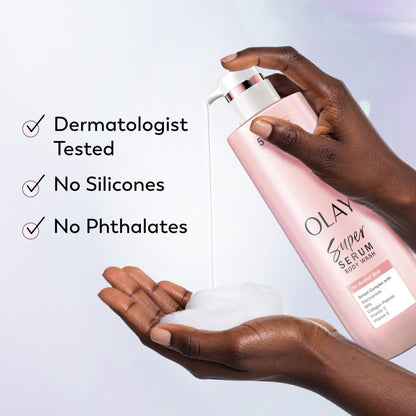 Olay Super Serum Body Wash for Extra Dry Skin, 24hr Long Lasting Rich Hydration, 5+ Ingredient Complex for Bright, Even, Firm, & Luminous Skin, with Collagen Peptide, Vitamin C & Shea Butter, 20 fl oz