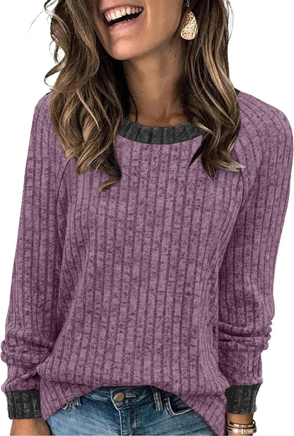 WIHOLL Long Sleeve Shirts for Women Lightweight Sweaters Fall Outfits 2026 Color Block Winter Clothing Dressy Casual Soft
