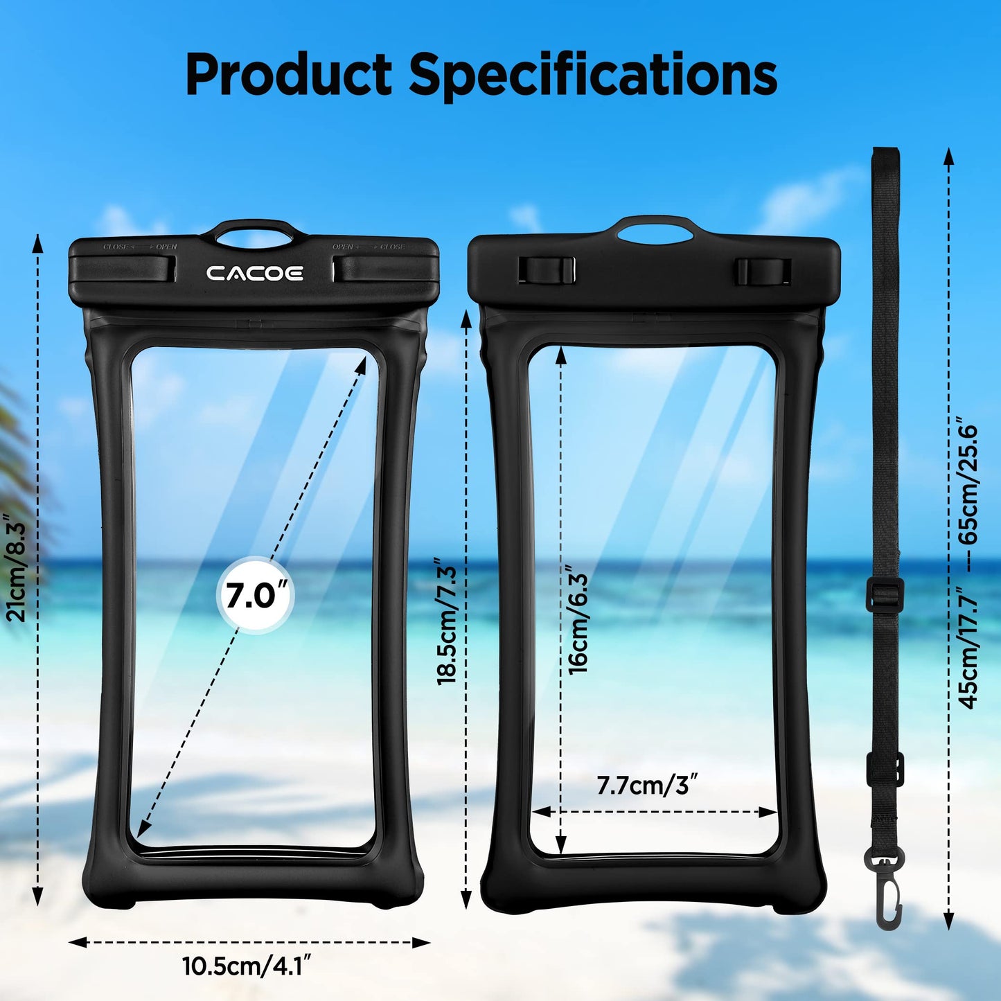 CACOE Floatable Waterproof Phone Pouch 2 Pack Up to 7.0",White+Blue