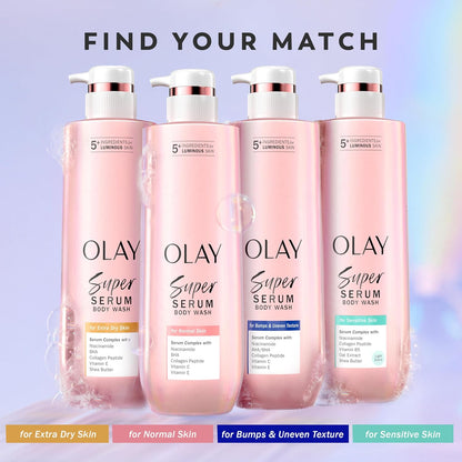 Olay Super Serum Body Wash for Extra Dry Skin, 24hr Long Lasting Rich Hydration, 5+ Ingredient Complex for Bright, Even, Firm, & Luminous Skin, with Collagen Peptide, Vitamin C & Shea Butter, 20 fl oz