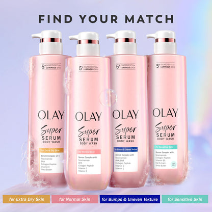 Olay Super Serum Body Wash for Extra Dry Skin, 24hr Long Lasting Rich Hydration, 5+ Ingredient Complex for Bright, Even, Firm, & Luminous Skin, with Collagen Peptide, Vitamin C & Shea Butter, 20 fl oz