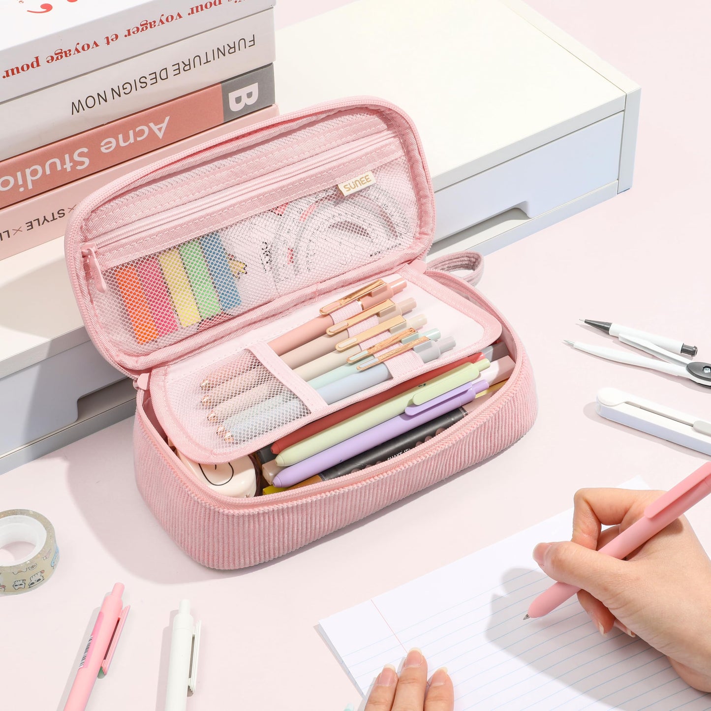 SUNEE Cute Pencil Case, Soft Corduroy Large Capacity Pencil Pouch, Aesthetic Zipper Pencil Bag, Big Storage Pen Organizer for Stationery, Pencil Box Back to School Supplies for Teen Girls Boys, Beige