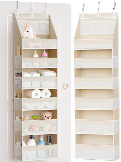 Criusia Over the Door Organizer, Heavy-Duty 6-Shelf Hanging Storage with 13 Mesh Pockets, 55lbs Capacity Behind the Door Storage for Nursery, Bathroom, Bedroom, and Dorm, White