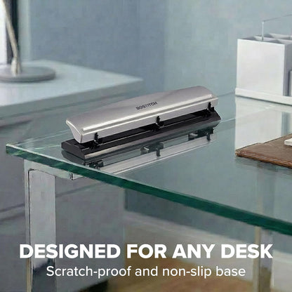 Bostitch Office Premium 3 Hole Punch, 12 Sheet Capacity, Metal, Rubber Base, Easy-Clean Tray, Silver