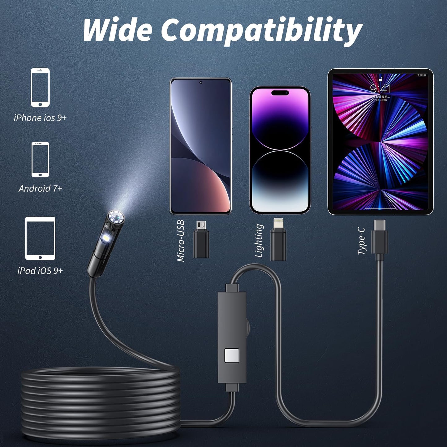 Kinpthy Endoscope Camera with Light,1920P HD Borescope Tools with 8 Adjustable LED Lights, Endoscope with Semi-Rigid Snake Camera, Inspection Borescope for iOS and Android-16.4ft Single Lens