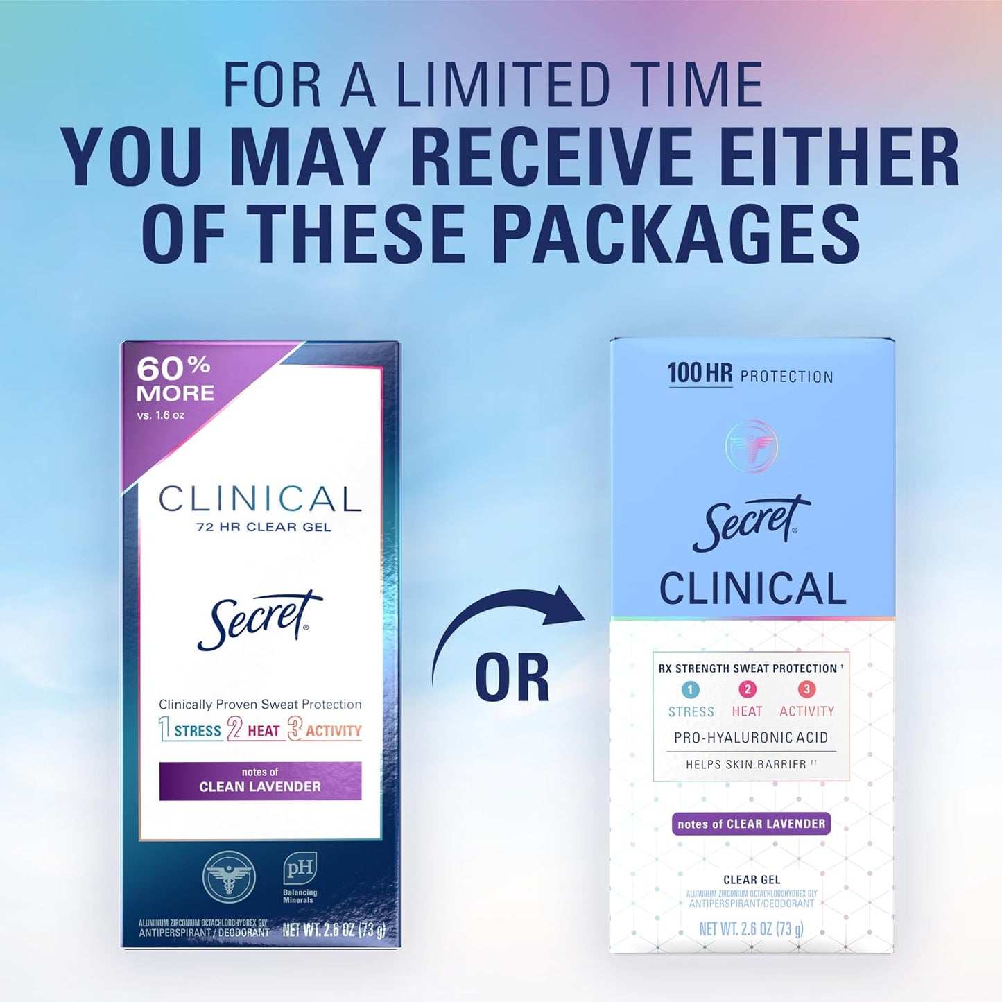 Secret Clinical Strength 100HR Sweat & Odor, Clear Gel Antiperspirant Deodorant for Women, 3X Stress Protection with Hyaluronic Acid, PH Balancing Minerals, Clear Lavender Scent, 2.6 oz
