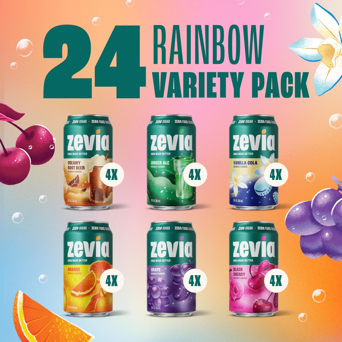 Zevia Zero Sugar Soda, Cola, 12 oz Cans (24-Pack) – Naturally Sweetened, Zero Calorie Sugar Free Soda - Non-GMO Project Verified, Gluten-Free, Vegan