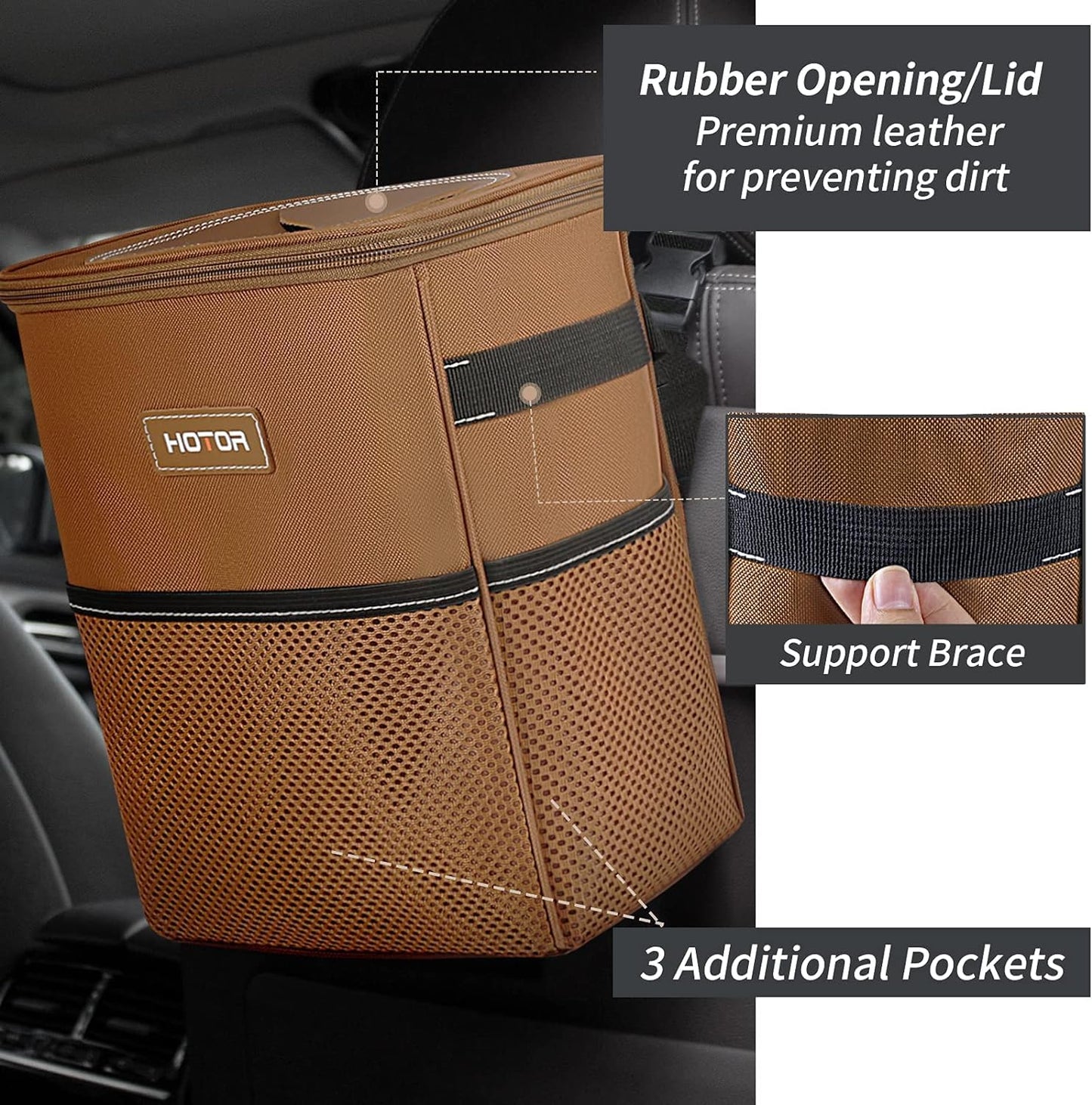 HOTOR Car Trash Can, Leakproof Car Organizer, 2-Gallon, Black