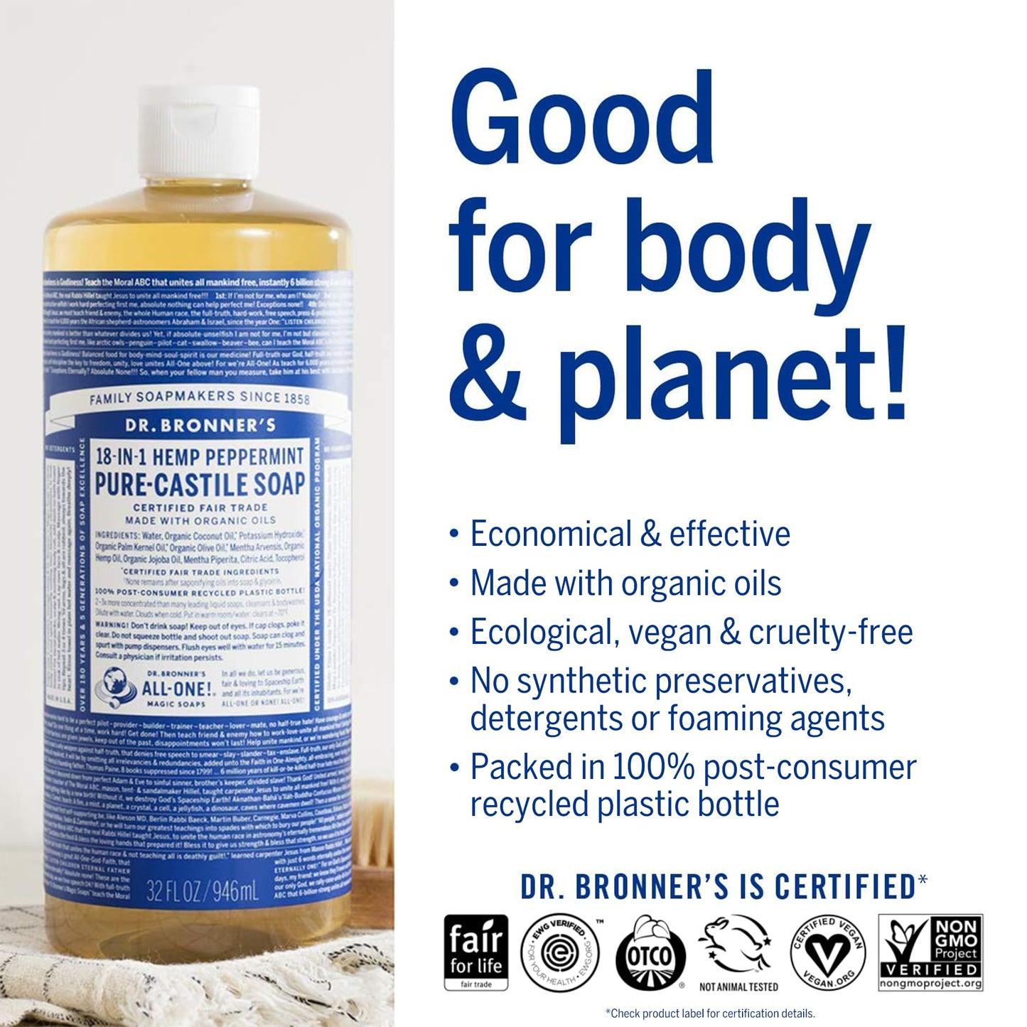 Dr. Bronner's Peppermint Pure-Castile Liquid Soap, Hand Soap, 32 oz