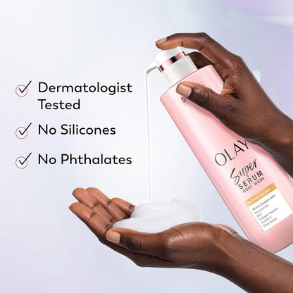 Olay Super Serum Body Wash for Extra Dry Skin, 24hr Long Lasting Rich Hydration, 5+ Ingredient Complex for Bright, Even, Firm, & Luminous Skin, with Collagen Peptide, Vitamin C & Shea Butter, 20 fl oz