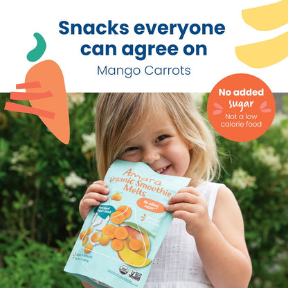 Amara Smoothie Melts - Mango Carrot - Organic Baby Snacks w/ Fruits & Veggies - Plant Based Yogurt Melts - Healthy Toddler Snack - Activity Book Included - Enjoy From 10+ Mos - 6 Resealable Bags