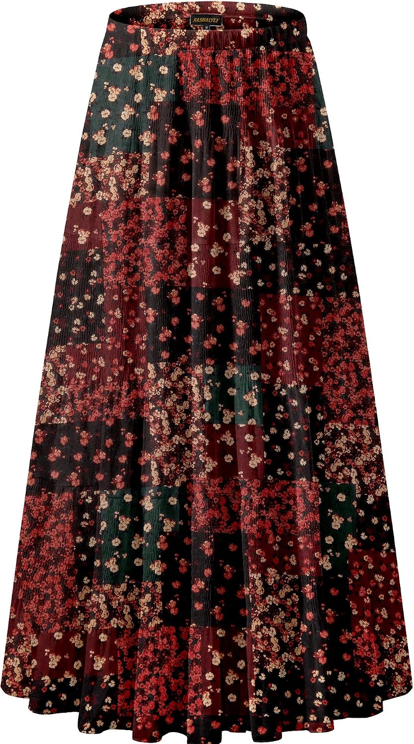 NASHALYLY Women's Chiffon Elastic High Waist Pleated A-Line Maxi Skirts