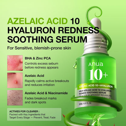 Anua Azelaic Acid 10 Hyaluron Redness Soothing Serum, 1.01 fl oz | Facial Serum for Blemish-Prone & Oily-Prone Skin, Lightweight & Hydrating Blemish Care, Hyaluronic Acid, Korean Skincare