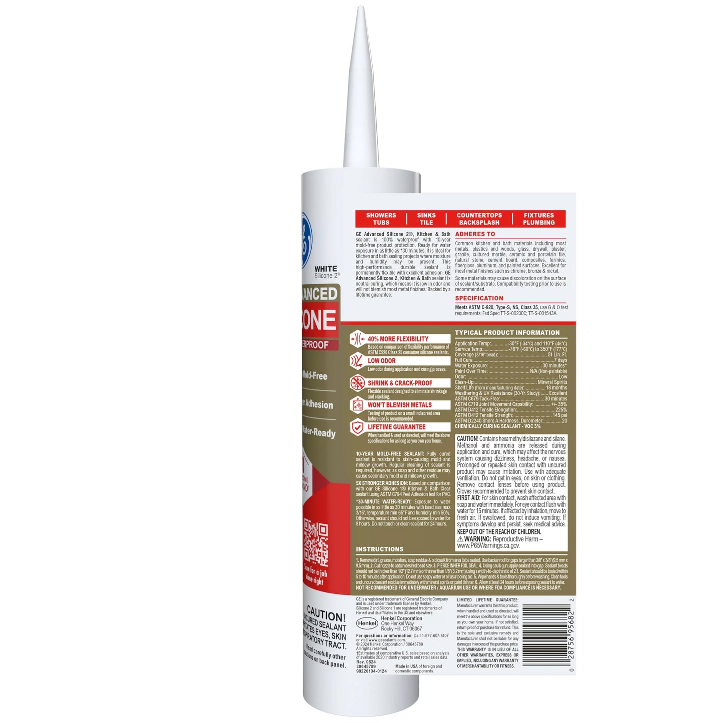 GE Advanced Silicone Caulk for Kitchen & Bathroom, White, 10 fl oz Cartridge, 1 Pack - 100% Waterproof Silicone Sealant, 5X Stronger Adhesion, Shrink & Crack Proof
