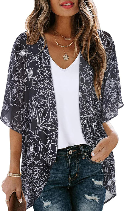 CHICGAL Womens Floral Kimono Cardigan Beach Cover Up Casual Summer Tops
