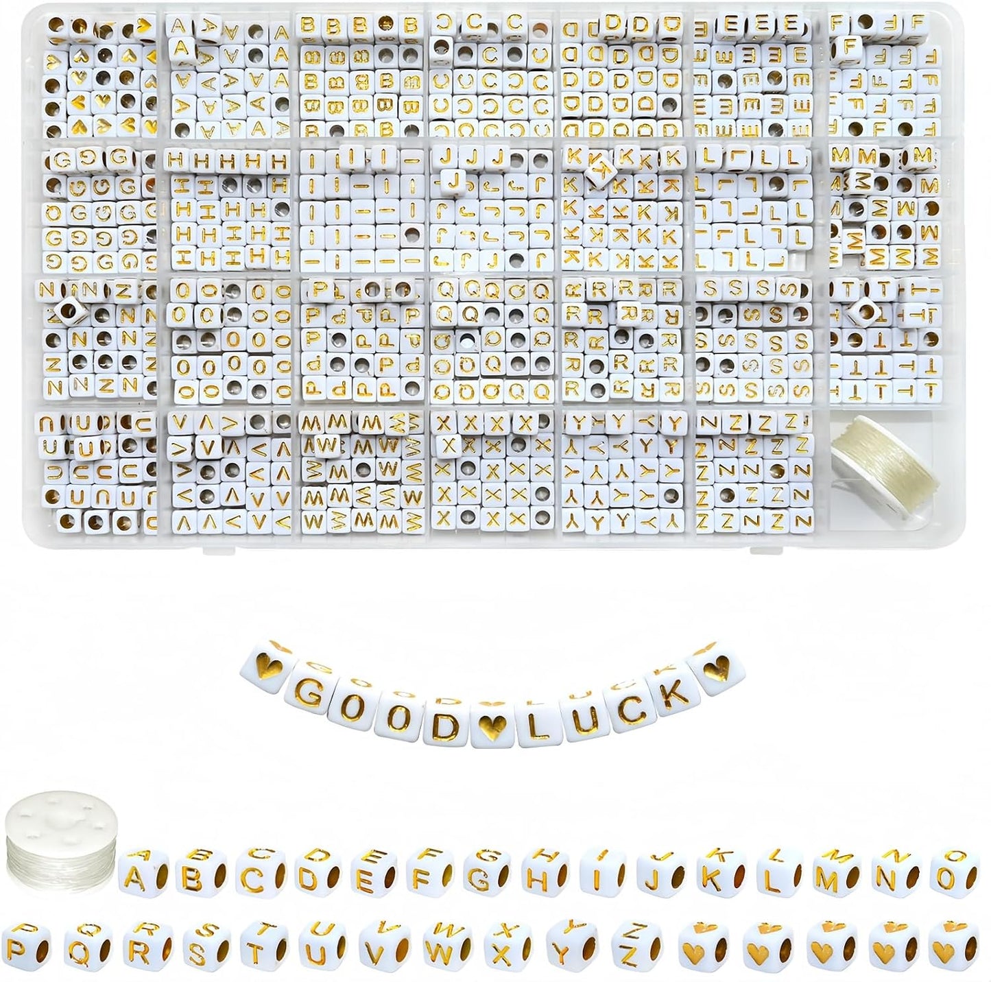 Looconi 810pcs Gold Letter Beads Square 6x6mm White Cube Acrylic Alphabet A-Z with Heart Pattern and Crystal Line for Jewelry Making