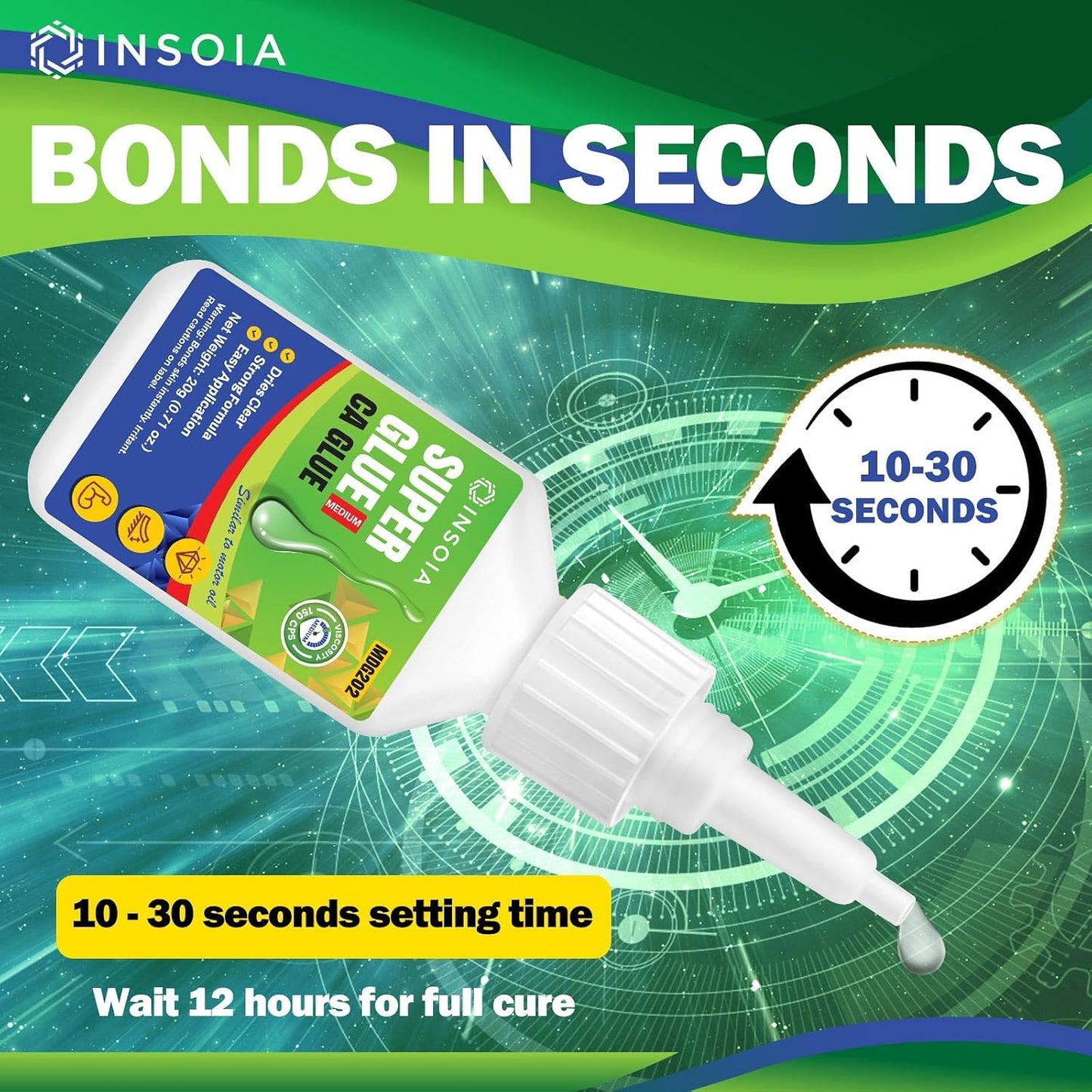 INSOIA Super Medium CA Glue, 20g, Strong Bond, with Precision Tips