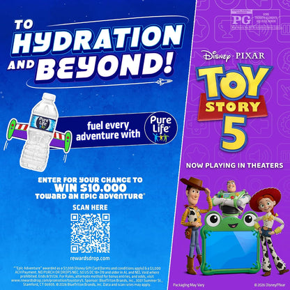 Pure Life Purified Bottled Water, 12 Pack - Still Drinking Water Enhanced with Minerals for a Crisp Taste - 16.9 Fl Oz - Toy Story 5 Packaging Graphics
