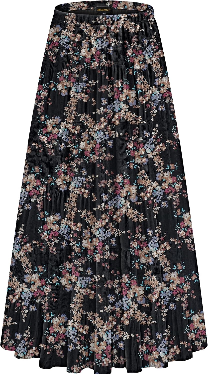 NASHALYLY Women's Chiffon Elastic High Waist Pleated A-Line Maxi Skirts