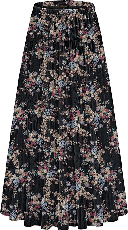 NASHALYLY Women's Chiffon Elastic High Waist Pleated A-Line Maxi Skirts
