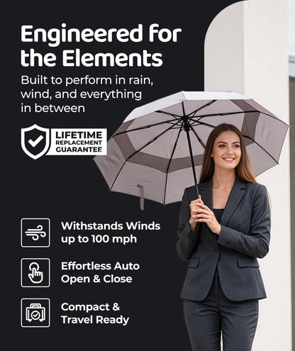Windproof Travel Umbrella - Compact & Withstands Winds up to 100MPH, Strongest Premium Auto Folding Umbrella for Rain and Sun - Durable, Light & Portable for Women & Men, Fits Backpack & Cars