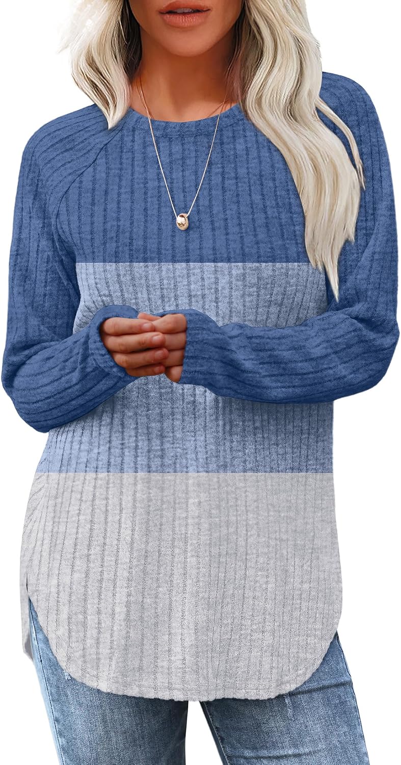 Saloogoe Long Sleeve Shirts for Women 2026 Fall Clothes Tunic Tops Loose Fit Dressy Crewneck Pullover Sweaters Curved Hem
