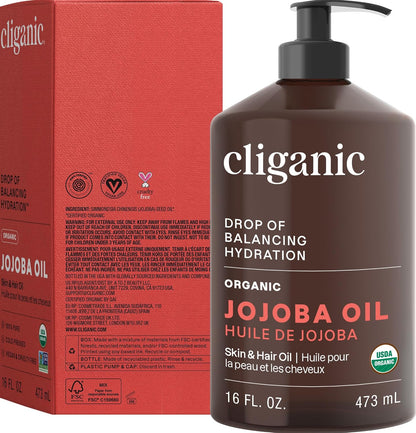 Cliganic Organic Jojoba Oil, 100% Pure Cold Pressed for Face & Hair, 4oz
